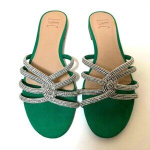 INC International Rhinestone Twisted Knots Teal Green Ariah Slip On Sandals 8.5
